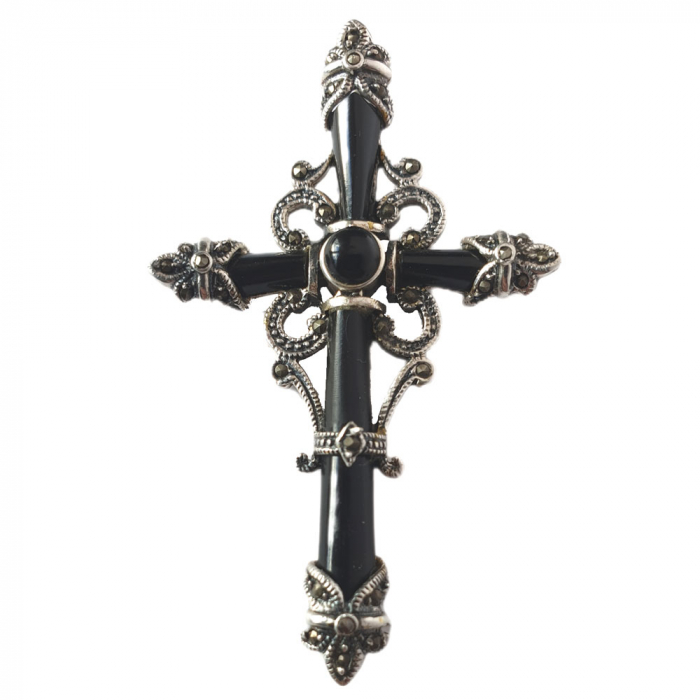 Silberanhänger Gotisches Onyxkreuz 925er Silber  mit Onyxsteinen Vintage 62 mm