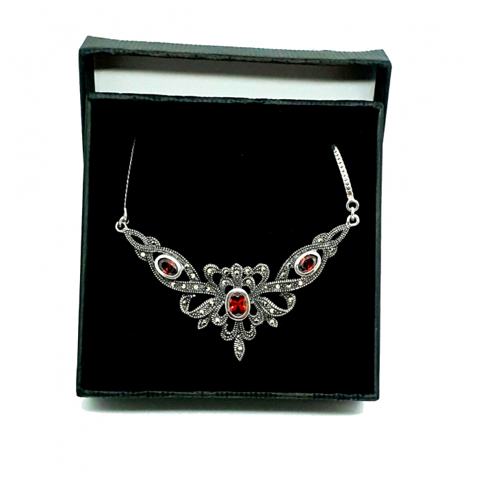 Elegantes Collier Mittelalter Gothic Vintage Jugendstil  Granat mit Schmuckstein Anhänger 925er Silber