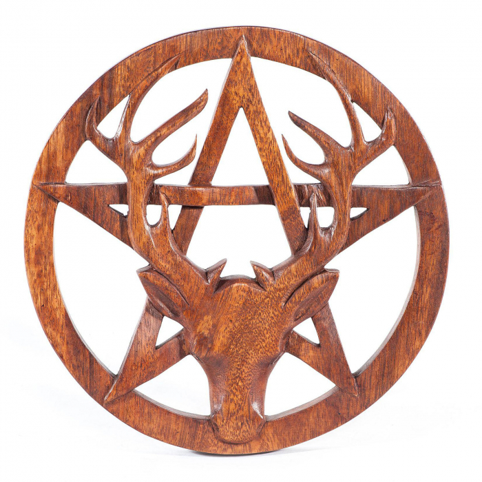 Wandschmuck Hirsch Kopf und Pentagramm aus Holz geschnitztes Ornament Holzbild