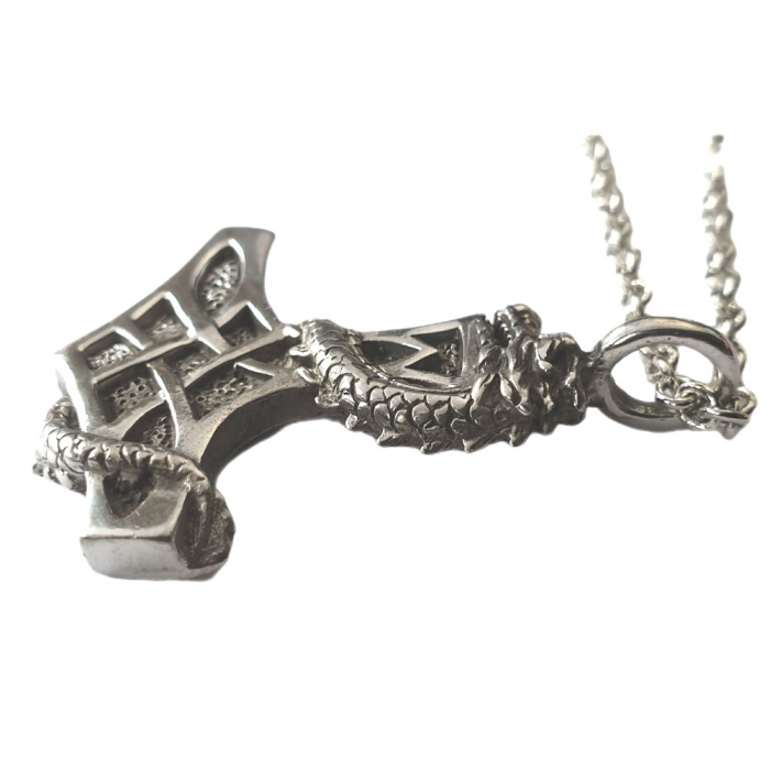 Thorhammer Drache Schmuck Anhänger Hartzinn mit Kette 45x 34 mm